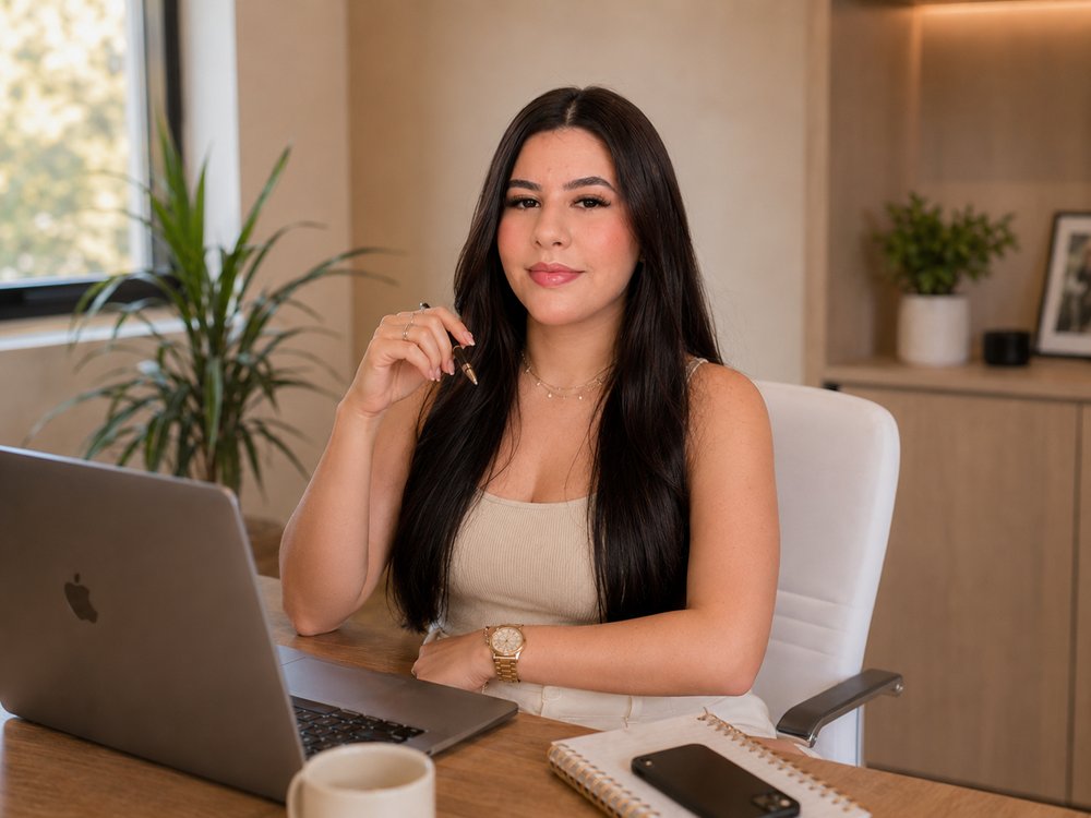 Thaís Uchôa, assessora de MEIs e delivery, sentada à mesa de trabalho com notebook e caderno
